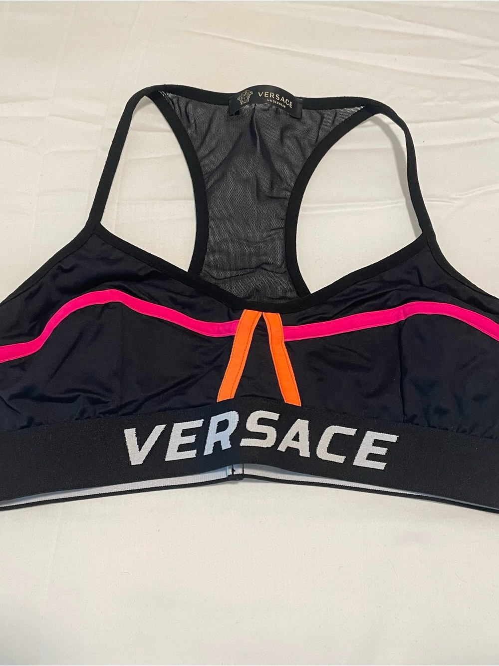 Versace Black Sports Bra with Pink Piping, Orange Center Detail, Mesh Racerback